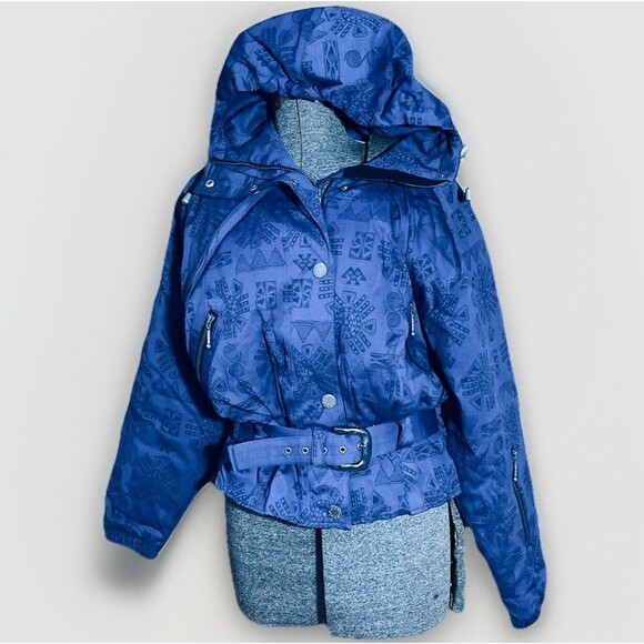 Vtg 80s Nils Womens Ski Jacket Size 6 Belted Hooded  Purple Aztec Print With Cap - Picture 1 of 16